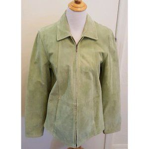 Coldwater Creek Suede Leather Jacket Blazer Green Size Med Zip Close Satin Lined